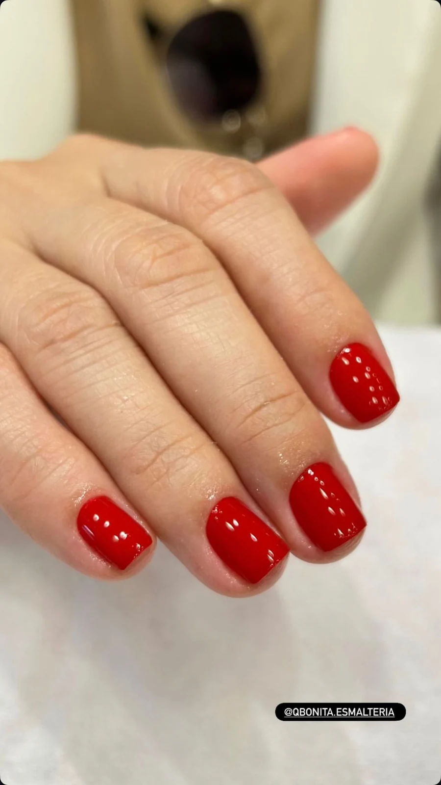 Short square red shellac gel manicure at Blend Beauty Artisans, Dublin 1