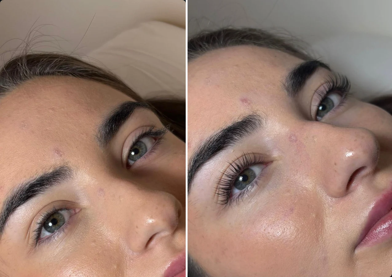 Lash lift before and after showing lifted, tinted natural lashes, Capel Street Dublin